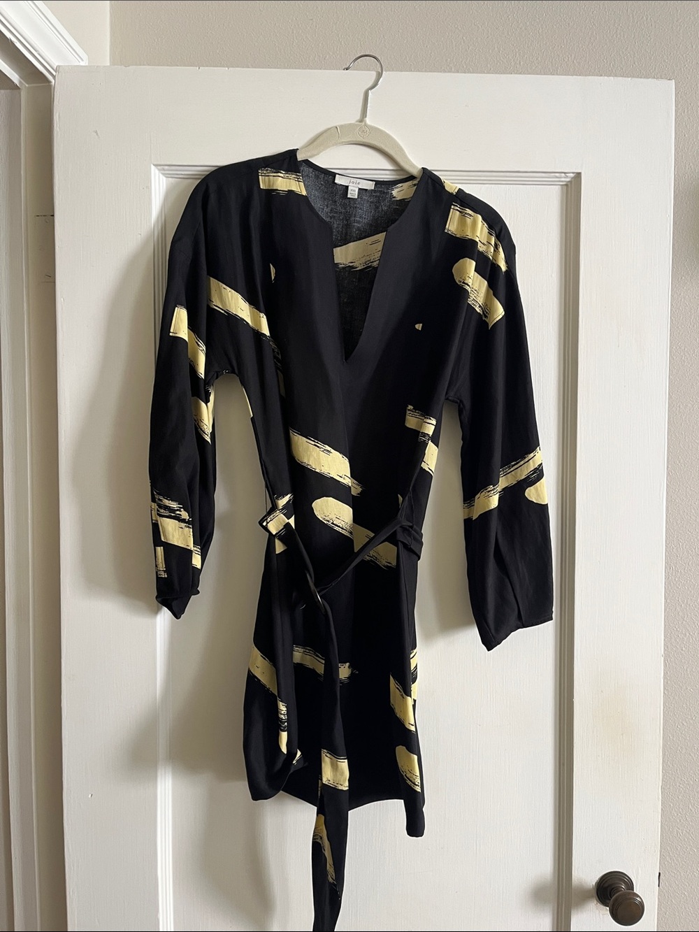 Joie Black Mini Wrap Dress with Gold Brushstroke Accents